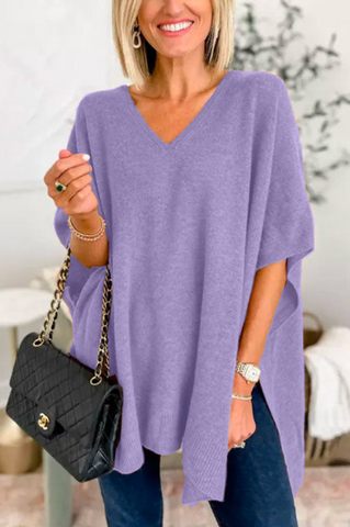 Suéter tipo poncho holgado de color liso con cuello en V en 10 colores