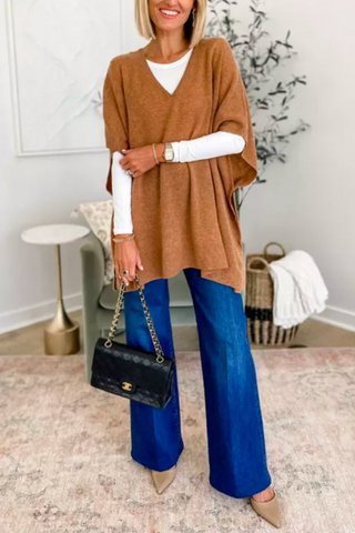Suéter tipo poncho holgado de color liso con cuello en V en 10 colores