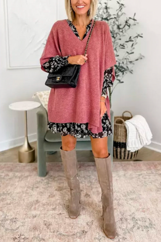 Suéter tipo poncho holgado de color liso con cuello en V en 10 colores