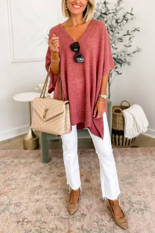 Suéter tipo poncho holgado de color liso con cuello en V en 10 colores
