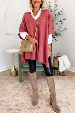 Suéter tipo poncho holgado de color liso con cuello en V en 10 colores