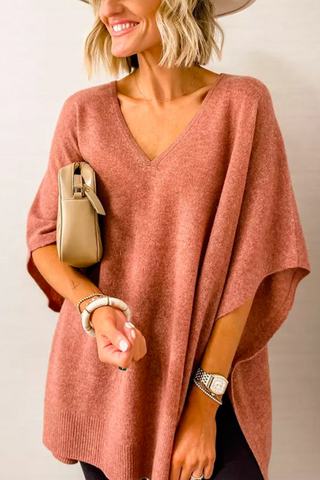 Suéter tipo poncho holgado de color liso con cuello en V en 10 colores