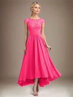 A-Linien-Kleid aus Chiffon mit asymmetrischem, plissiertem Spitzeneinsatz und Illusion-Ausschnitt für die Mutter der Braut 