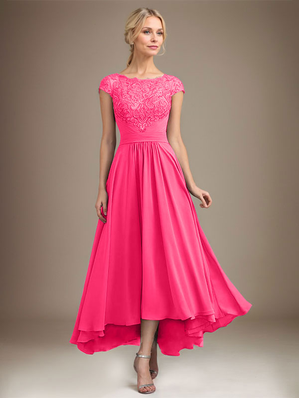 A-Linien-Kleid aus Chiffon mit asymmetrischem, plissiertem Spitzeneinsatz und Illusion-Ausschnitt für die Mutter der Braut 