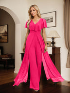 Jumpsuit/Hosenanzug, bodenlanges Chiffon-Abendkleid mit V-Ausschnitt