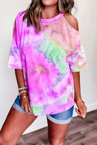 Crew Neck Cold Shoulder Tie Dye T-shirt