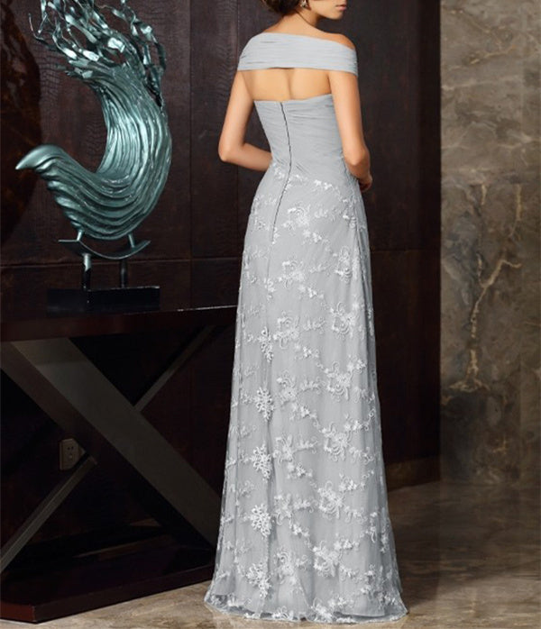 A-Linien-/Prinzessinnen-Kleid aus Chiffon mit schulterfreiem Ausschnitt, kurzen Ärmeln und Teelänge, verziert mit Applikationen und Spitze – ideal für die Mutter der Braut. 