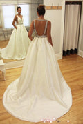 Beaded Deep V Neckline A-line Backless Long Wedding Dresses,