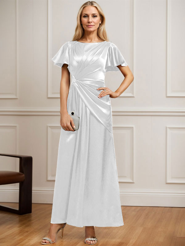 Vestido de madre de la novia de satén elástico con escote redondo y largo hasta los tobillos, corte en A y cuentas plisadas 