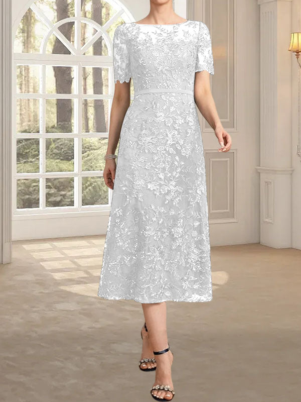 Vestido de encaje para madre de la novia con lentejuelas, corte A, escote ilusión, largo hasta la rodilla