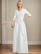A-Linien-Kleid aus Chiffon mit V-Ausschnitt, bodenlang, mit Spitze, Kaskadenrüschen und Pailletten für die Mutter der Braut 
