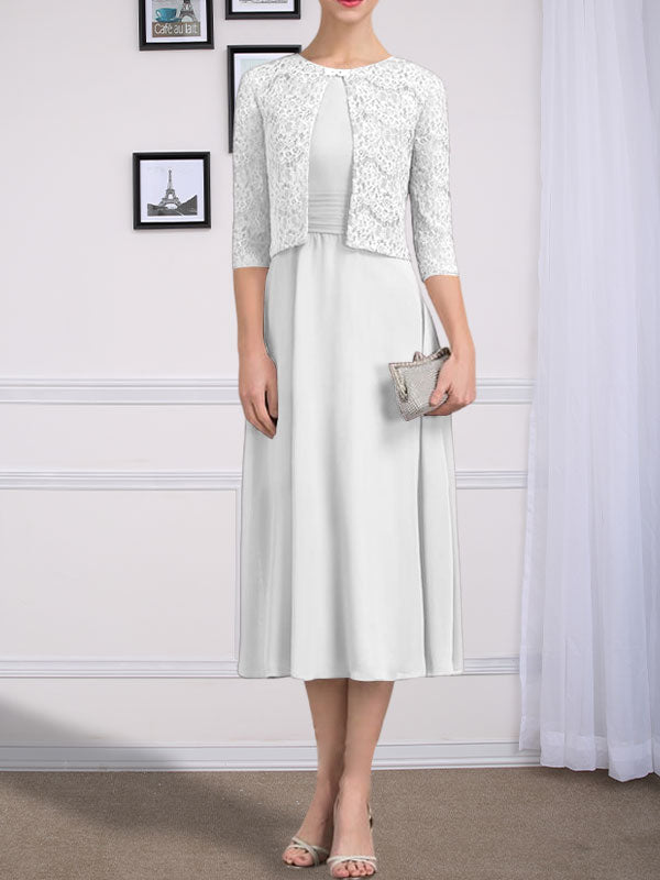 Vestido de gasa para madre de la novia, corte A, escote redondo, largo hasta la rodilla, con pliegues