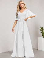 A-Linien-Kleid aus Chiffon mit V-Ausschnitt, bodenlang, mit Pailletten besetzt – ideal für die Mutter der Braut 