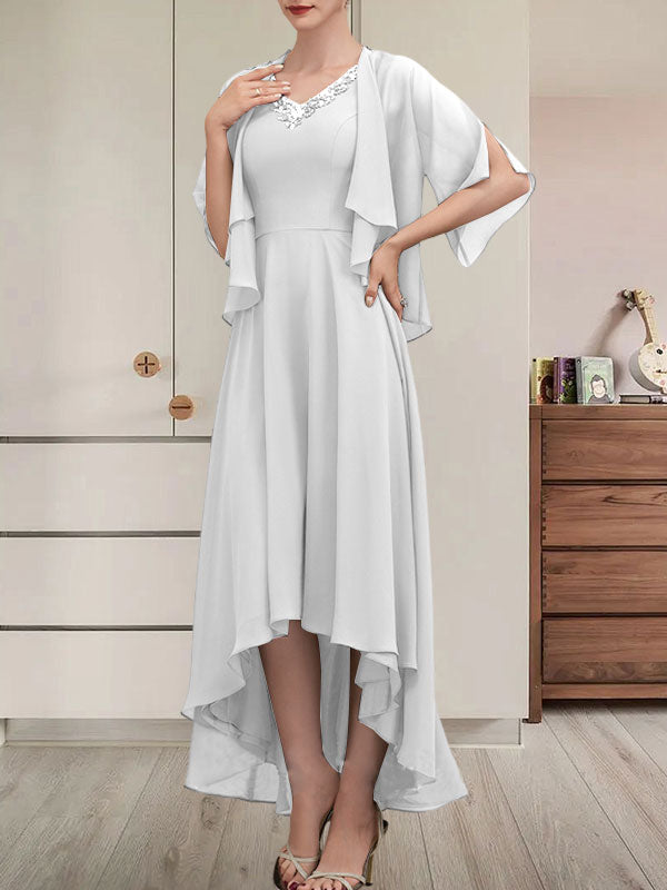 A-Linien-Kleid aus Chiffon mit V-Ausschnitt, asymmetrischem Muster und Perlen- und Paillettenbesatz für die Mutter der Braut