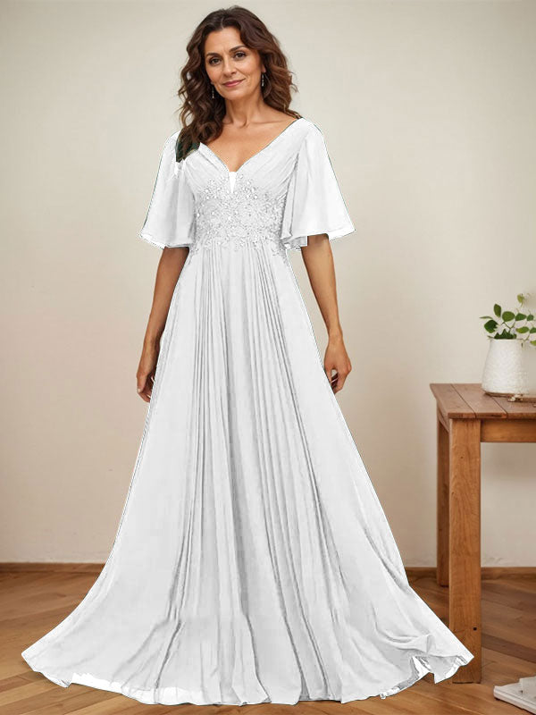 A-Linien-Kleid aus Chiffon mit V-Ausschnitt, bodenlang, mit Paillettenapplikationen, Spitze und Falten für die Mutter der Braut 
