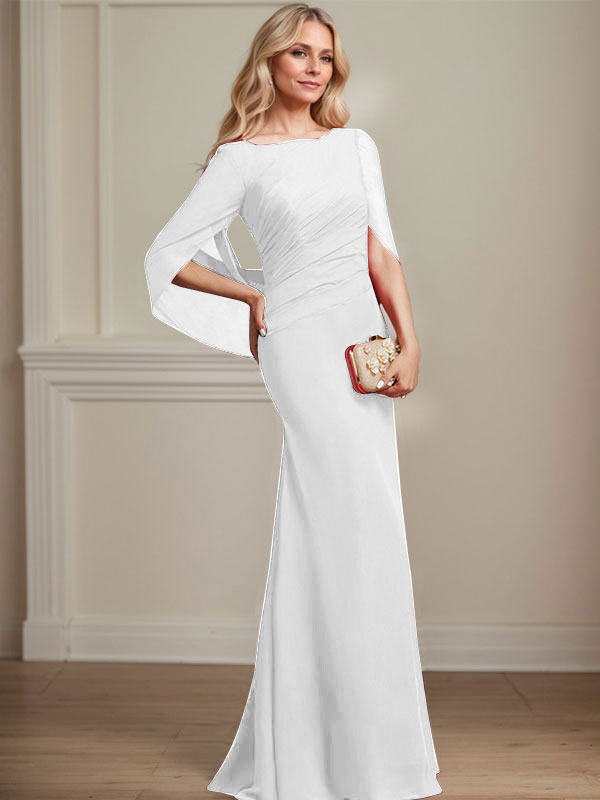 Vestido de gasa para madre de la novia con escote barco, corte trompeta/sirena, largo hasta el suelo, con pliegues 