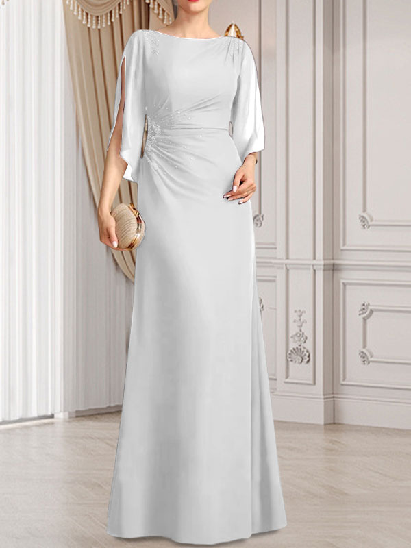 Etui-/Säulen-Chiffonkleid in Bodenlänge für die Mutter der Braut mit plissierter Perlenstickerei