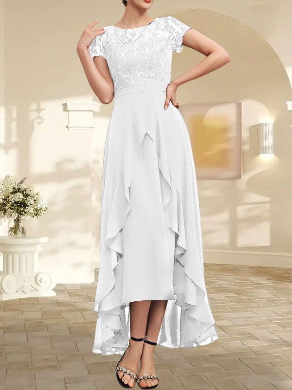 Vestido de madre de la novia de gasa asimétrica con escote en A, ilusión, encaje, lazo, volantes y lentejuelas 