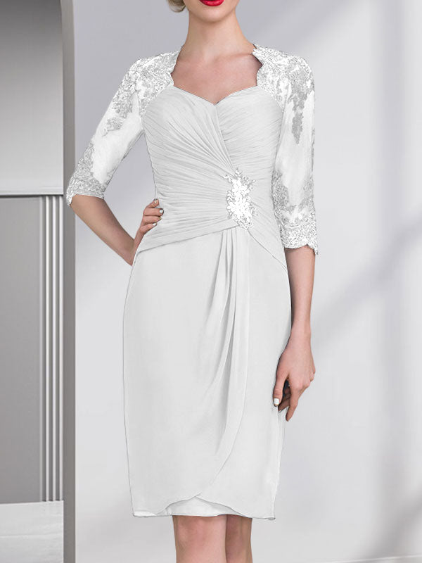 Vestido de gasa para madre de la novia, con escote en forma de corazón, largo hasta la rodilla, con apliques de cuentas, encaje y lentejuelas, plisado.