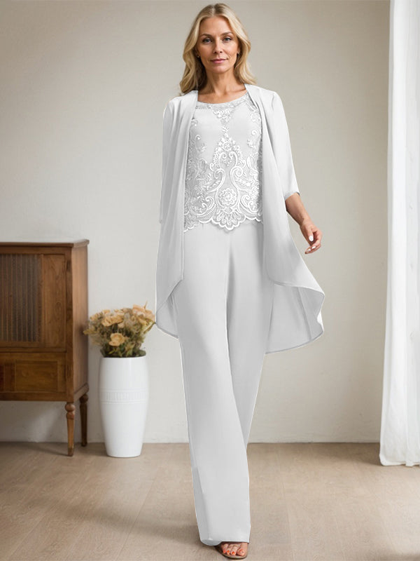 Vestido de madre de la novia de gasa con encaje, escote redondo y lentejuelas y mono/pantalón separado 