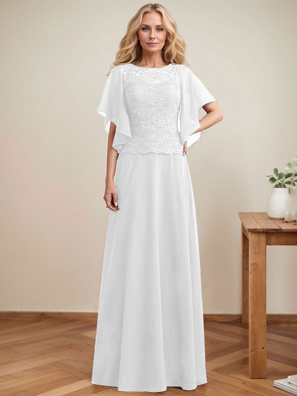 Vestido de madre de la novia de gasa con encaje, ilusión, largo hasta el suelo, corte A y lentejuelas 