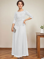A-Linien-Kleid mit U-Boot-Ausschnitt, Illusion-Detail, knöchellang, aus Chiffon und Spitze mit Strassperlen für die Mutter der Braut. 