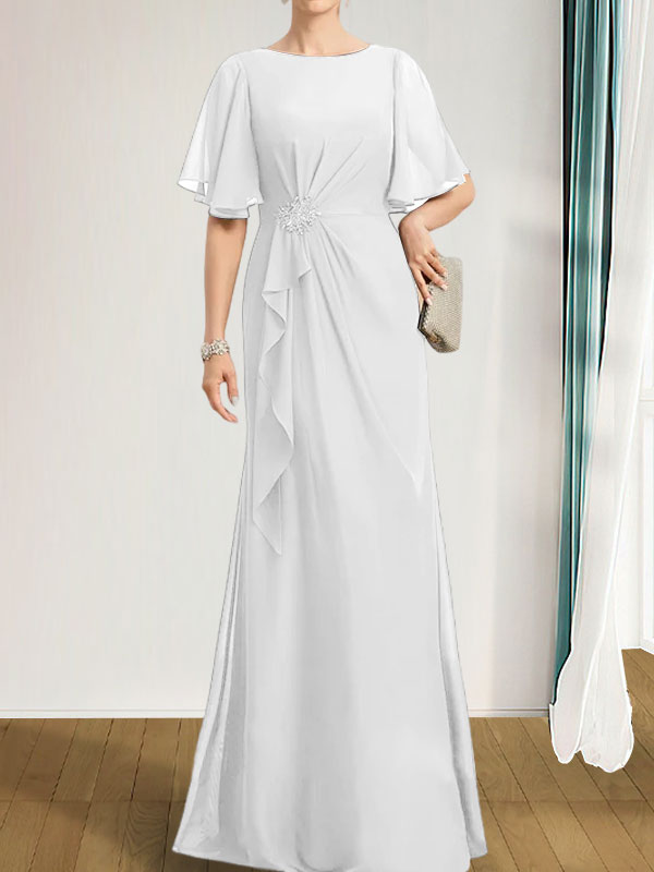 A-Linien-Kleid aus Chiffon in Bodenlänge für die Mutter der Braut mit kaskadenartigen Rüschen, Perlen und Pailletten