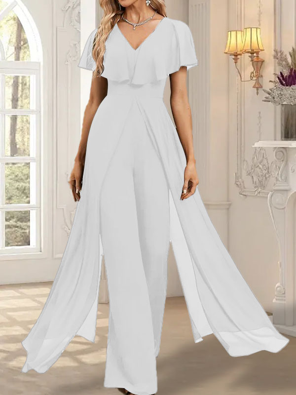 Jumpsuit/Hosenanzug, bodenlanges Chiffon-Abendkleid mit V-Ausschnitt