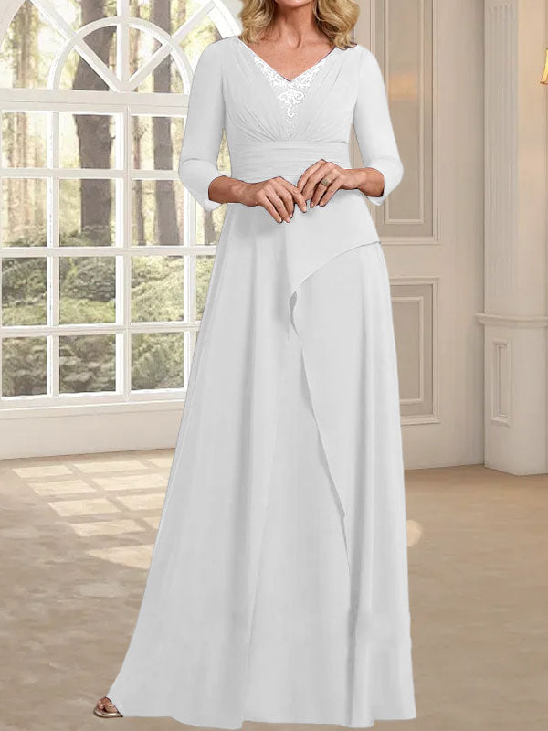 A-Linien-Kleid aus Chiffon mit V-Ausschnitt, bodenlang, für die Mutter der Braut, mit plissierter Perlenstickerei