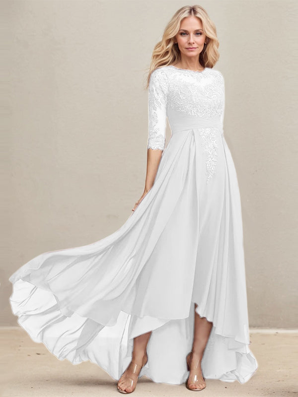 A-Linien-Kleid mit asymmetrischem Ausschnitt, Illusion-Effekt, Spitze und Chiffon, verziert mit plissierten Pailletten, ideal für die Mutter der Braut 