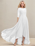 A-Linien-Kleid mit asymmetrischem Ausschnitt, Illusion-Effekt, Spitze und Chiffon, verziert mit plissierten Pailletten, ideal für die Mutter der Braut 