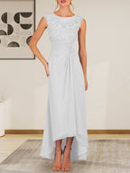 Champagnerfarbenes A-Linien-Chiffonkleid mit Rundhalsausschnitt und Spitze