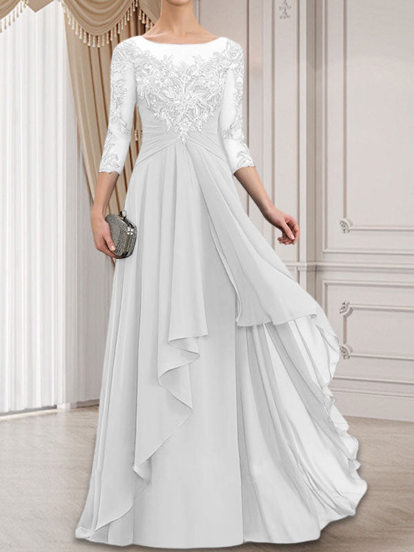 Vestido de gasa con encaje y volantes en cascada para madre de la novia, corte A, escote ilusión, largo hasta el suelo