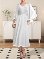 Vestido de gasa con encaje y escote en V, largo hasta la rodilla, para madre de la novia, con lentejuelas y abalorios