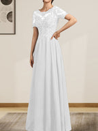 Vestido de gasa con encaje y lentejuelas para madre de la novia, largo hasta el suelo, con escote en A y ilusión