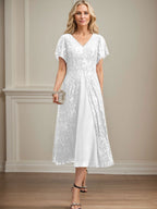 A-Linien-Kleid aus Chiffon mit V-Ausschnitt und Teelänge für die Mutter der Braut 