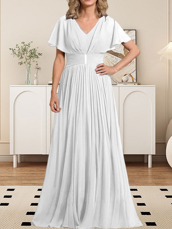 A-Linien-Chiffonkleid mit V-Ausschnitt, bodenlang, für die Mutter der Braut, mit Kristallbrosche und Falten 