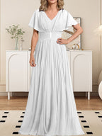 A-Linien-Chiffonkleid mit V-Ausschnitt, bodenlang, für die Mutter der Braut, mit Kristallbrosche und Falten 
