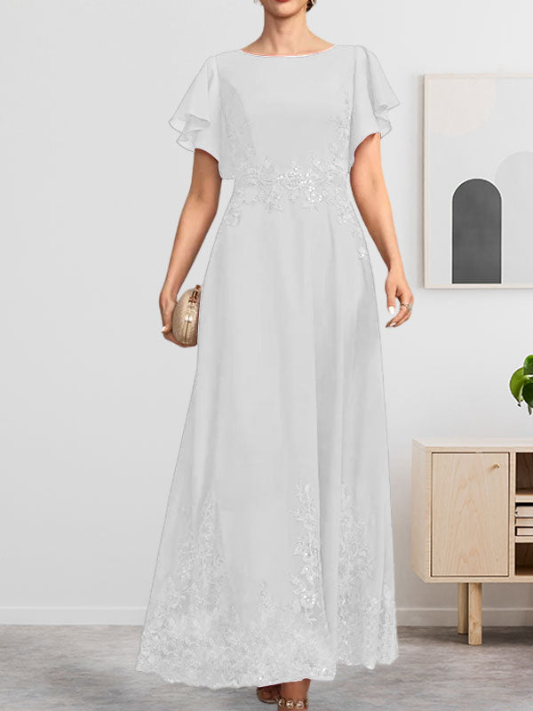A-Linien-Kleid mit Rundhalsausschnitt, knöchellang, aus Spitze und Chiffon, mit Pailletten besetzt