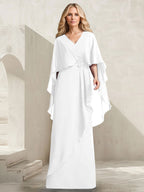 A-Linien-Kleid aus Chiffon mit V-Ausschnitt, bodenlang, mit Kaskadenrüschen und Perlenstickerei für die Mutter der Braut. 