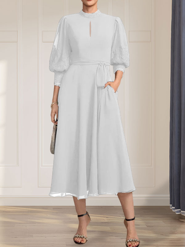 A-Linien-Kleid aus Chiffon mit hohem Kragen, Teelänge und Spitze für die Mutter der Braut, verziert mit einer Schleife