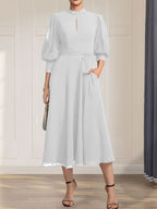 A-Linien-Kleid aus Chiffon mit hohem Kragen, Teelänge und Spitze für die Mutter der Braut, verziert mit einer Schleife