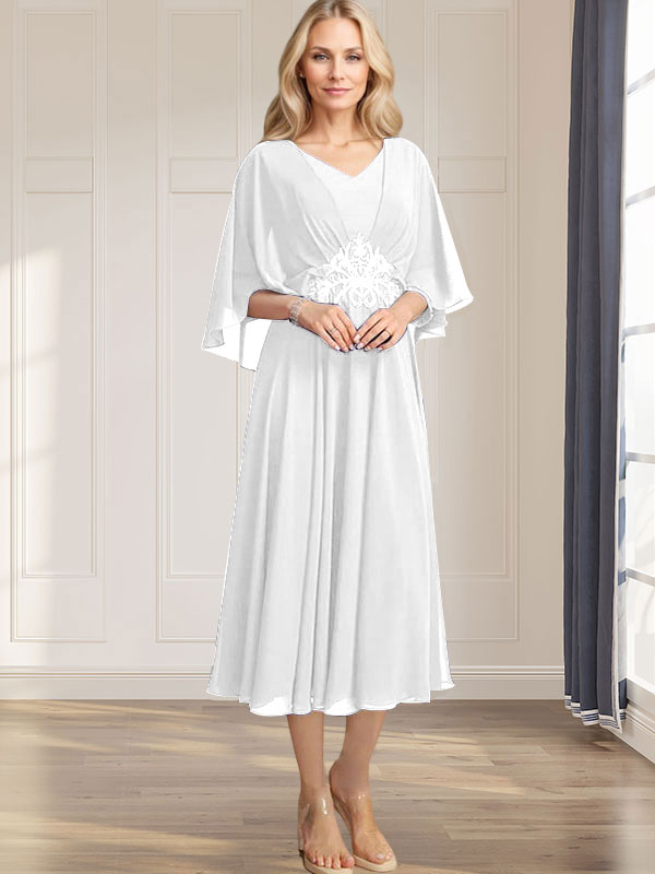 A-Linien-Kleid aus Chiffon mit V-Ausschnitt, Teelänge, plissierten Paillettenapplikationen und Perlenstickerei für die Mutter der Braut 