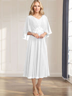 A-Linien-Kleid aus Chiffon mit V-Ausschnitt, Teelänge, plissierten Paillettenapplikationen und Perlenstickerei für die Mutter der Braut 