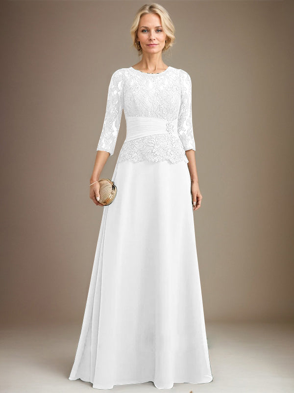 Vestido de gasa con encaje y escote en A, ilusión, largo hasta el suelo, para madre de la novia, con lentejuelas plisadas y abalorios 