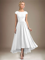 A-Linien-Kleid aus Chiffon mit asymmetrischem, plissiertem Spitzeneinsatz und Illusion-Ausschnitt für die Mutter der Braut 