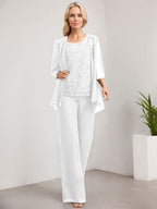 Zweiteiliger Jumpsuit/Hosenanzug, bodenlanges Chiffon-Kleid mit Spitze und Pailletten für die Mutter der Braut