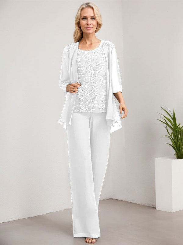 Vestido de madre de la novia de gasa con encaje y lentejuelas, con escote redondo y largo hasta el suelo, con mono/pantalón separado