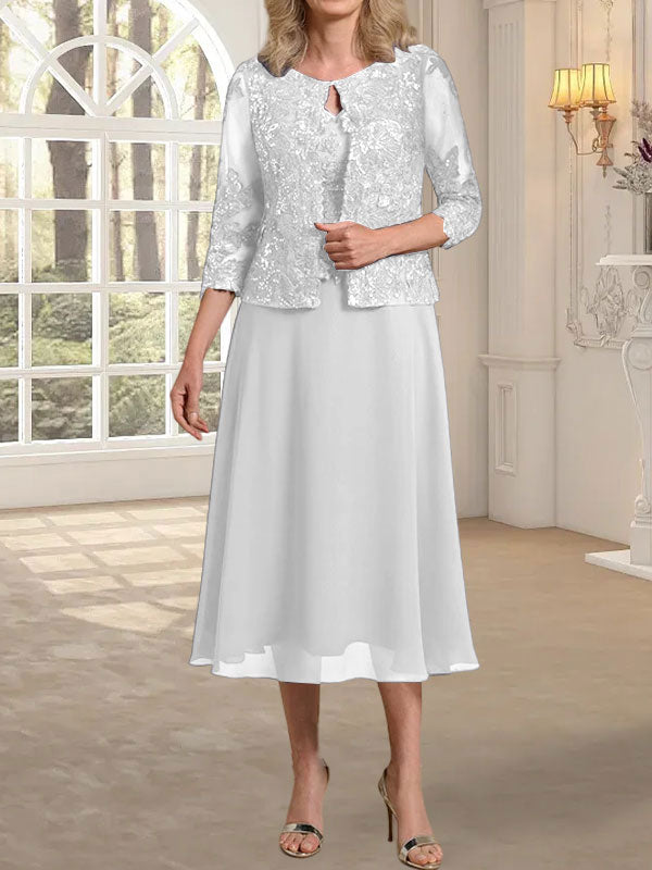 Vestido de gasa con encaje y lentejuelas para madre de la novia, corte A, escote redondo y largo hasta la rodilla 