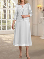Vestido de gasa con encaje y lentejuelas para madre de la novia, corte A, escote redondo y largo hasta la rodilla 